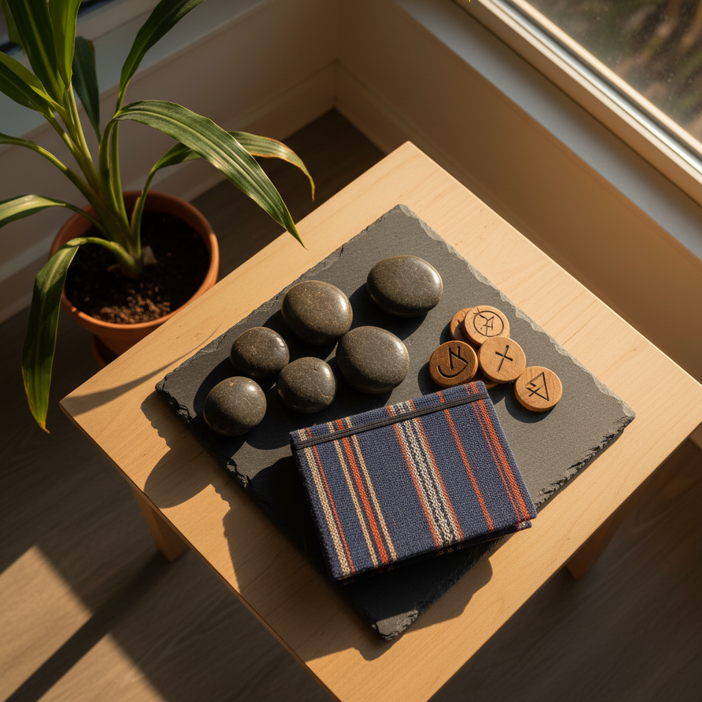 A meticulously arranged collection of polished river stones, hand-carved wooden tokens, and a vibrant woven fabric journal, all resting on a smooth slate tray. This arrangement sits on a low, modern table near a tall indoor plant in a sunlit corner, where gentle golden hour light creates intricate contrasts and warm reflections. The composition is framed with a bird's eye view, highlighting the tactile quality and earthy colors of each object. The mood is grounding, serene, and meditative, using a minimalist and harmonious aesthetic that subtly evokes therapeutic practices and a sense of mindful creativity.