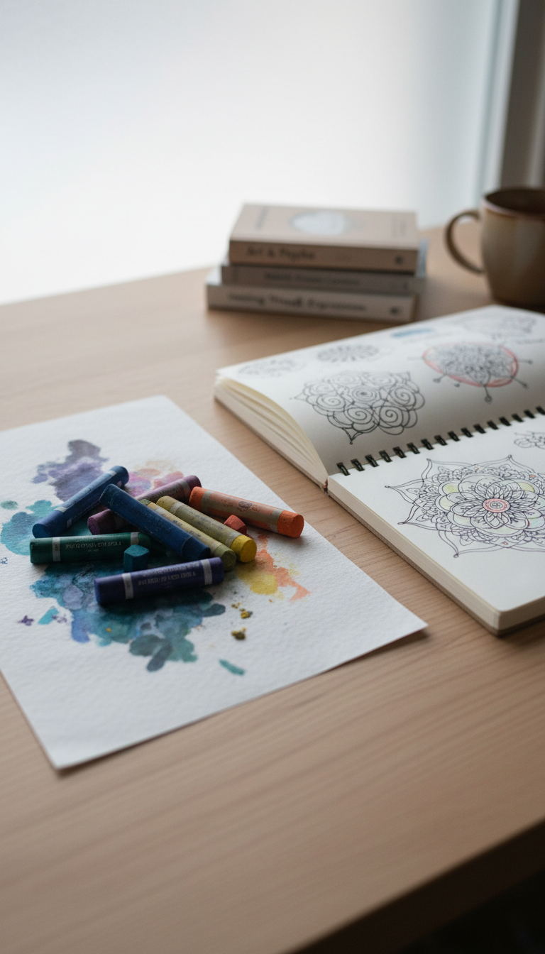 A cluster of richly colored oil pastels scattered across textured cold press watercolor paper, alongside a spiral-bound sketchbook opened to abstract doodles and therapeutic mandalas. The table is light maple and situated in a cozy nook, with soft, overcast daylight streaming through a frosted glass panel. The scene is composed with asymmetrical balance and a shallow depth of field, keeping the art materials in crisp focus while gently blurring the neutral-toned background, which includes a small stack of psychology books. The overall mood is reflective and quietly invigorating, embodying the creative intersection of art and therapy through a clean, inviting visual style.