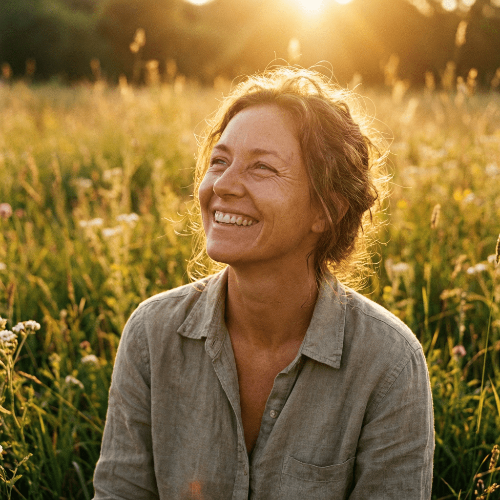 A smiling woman looking up in a grassy field during golden hour sunset.
