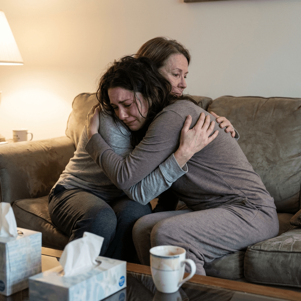 Two women embracing on a couch, one crying while the other offers comfort.